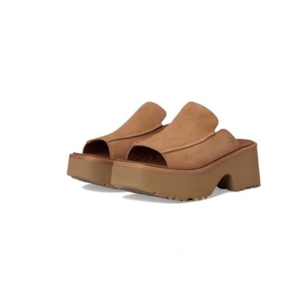 UGG New Heights Platform Slide Sandals Tan‎ Suede Block Heel Mules Women 7